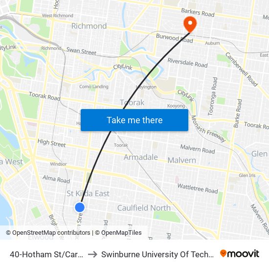 40-Hotham St/Carlisle St (Balaclava) to Swinburne University Of Technology (Hawthorn Campus) map