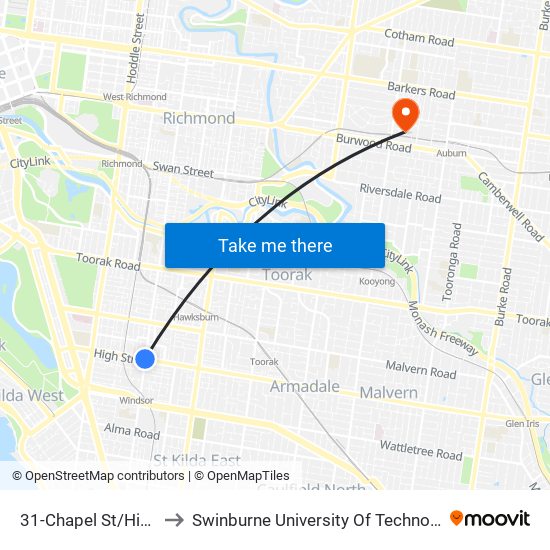 31-Chapel St/High St (Prahran) to Swinburne University Of Technology (Hawthorn Campus) map