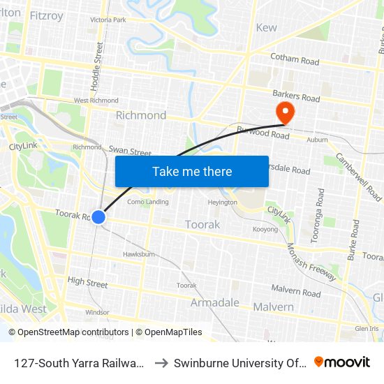 127-South Yarra Railway Station/Toorak Rd (South Yarra) to Swinburne University Of Technology (Hawthorn Campus) map