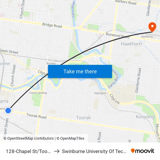 128-Chapel St/Toorak Rd (South Yarra) to Swinburne University Of Technology (Hawthorn Campus) map