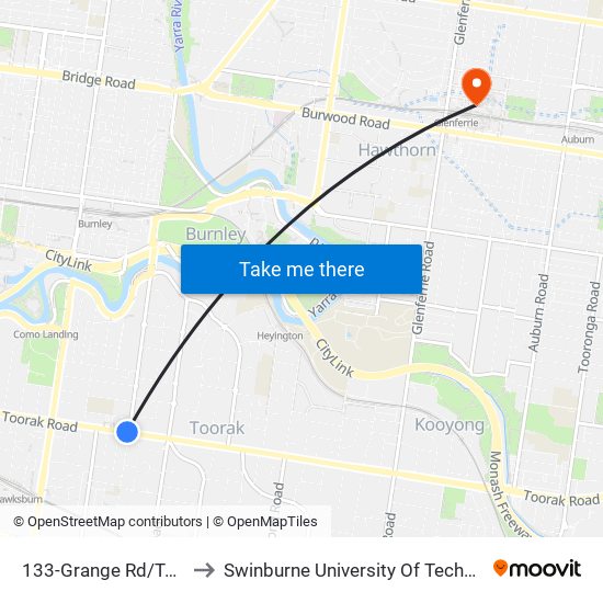 133-Grange Rd/Toorak Rd (Toorak) to Swinburne University Of Technology (Hawthorn Campus) map