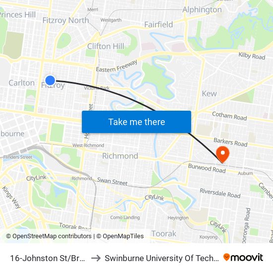 16-Johnston St/Brunswick St (Fitzroy) to Swinburne University Of Technology (Hawthorn Campus) map