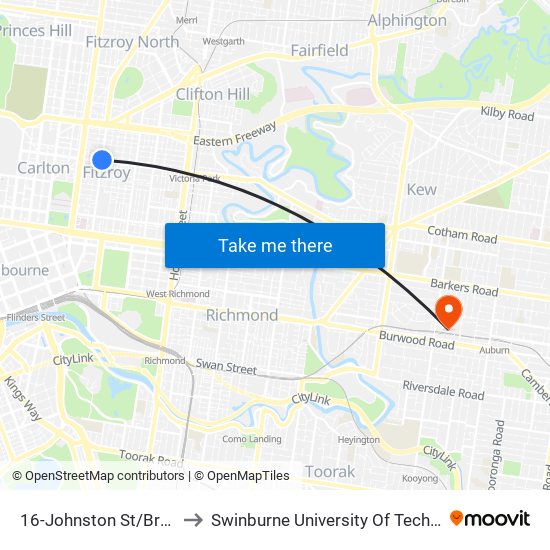 16-Johnston St/Brunswick St (Fitzroy) to Swinburne University Of Technology (Hawthorn Campus) map