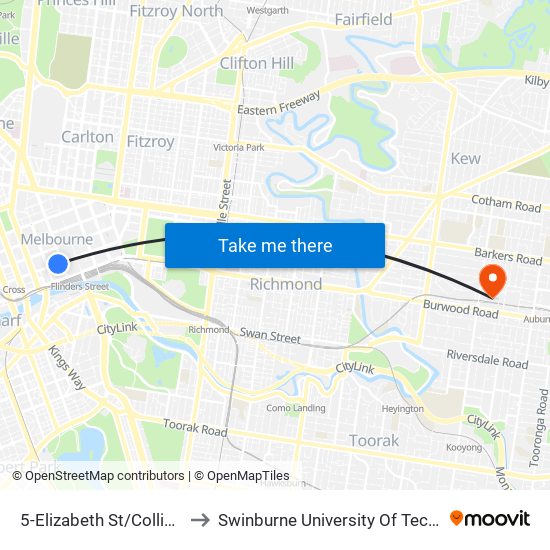 5-Elizabeth St/Collins St (Melbourne City) to Swinburne University Of Technology (Hawthorn Campus) map