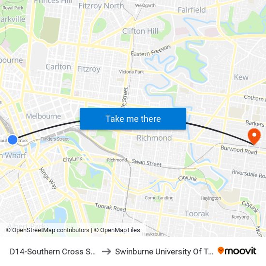 D14-Southern Cross Station/Collins St (Docklands) to Swinburne University Of Technology (Hawthorn Campus) map