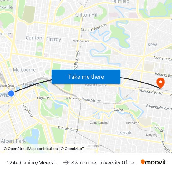124a-Casino/Mcec/Clarendon St (Southbank) to Swinburne University Of Technology (Hawthorn Campus) map