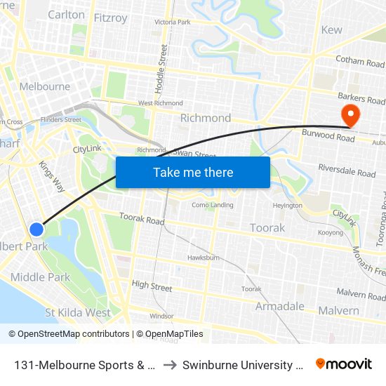 131-Melbourne Sports & Aquatic Centre/Albert Rd (Albert Park) to Swinburne University Of Technology (Hawthorn Campus) map