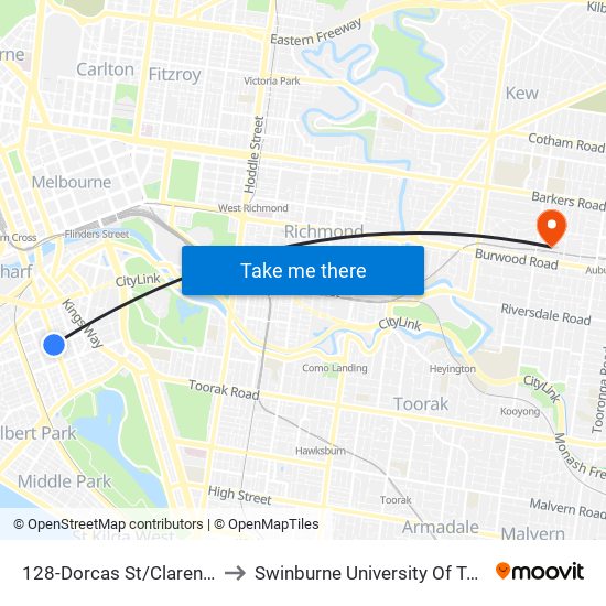 128-Dorcas St/Clarendon St (South Melbourne) to Swinburne University Of Technology (Hawthorn Campus) map