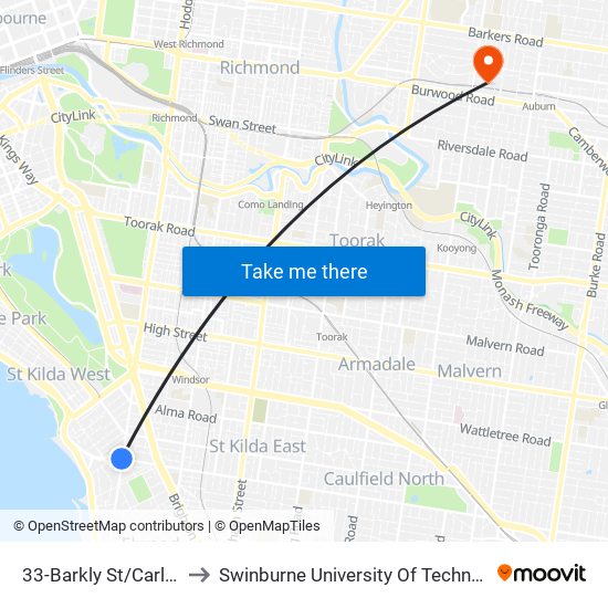 33-Barkly St/Carlisle St (St Kilda) to Swinburne University Of Technology (Hawthorn Campus) map