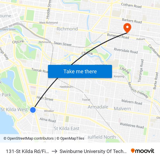 131-St Kilda Rd/Fitzroy St (St Kilda) to Swinburne University Of Technology (Hawthorn Campus) map