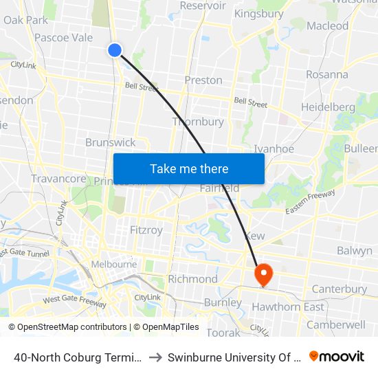 40-North Coburg Terminus/Sydney Rd (Coburg North) to Swinburne University Of Technology (Hawthorn Campus) map