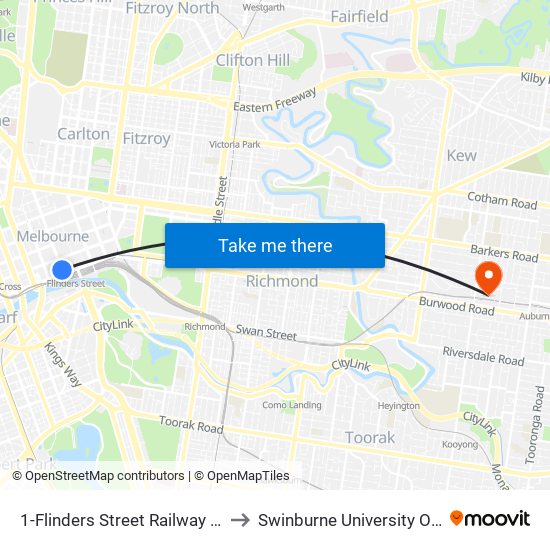 1-Flinders Street Railway Station/Elizabeth St (Melbourne City) to Swinburne University Of Technology (Hawthorn Campus) map