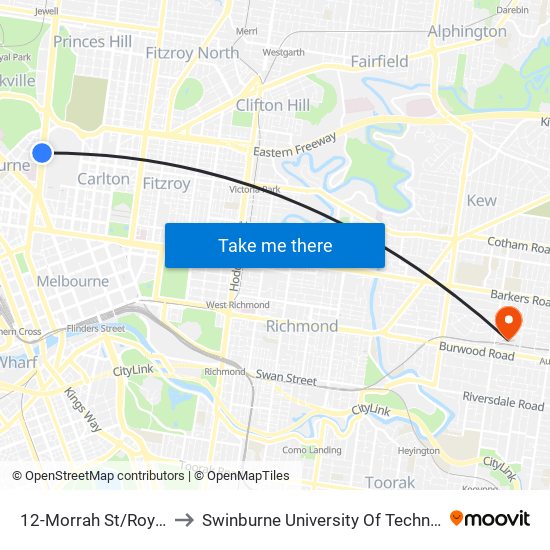 12-Morrah St/Royal Pde (Parkville) to Swinburne University Of Technology (Hawthorn Campus) map