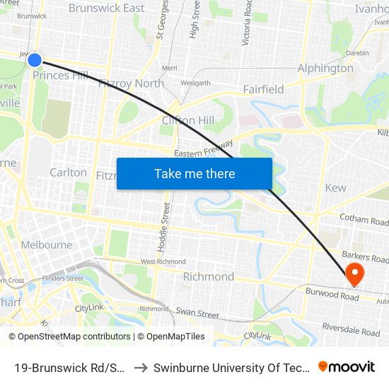 19-Brunswick Rd/Sydney Rd (Brunswick) to Swinburne University Of Technology (Hawthorn Campus) map