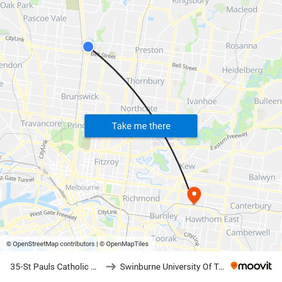 35-St Pauls Catholic Church/Sydney Rd (Coburg) to Swinburne University Of Technology (Hawthorn Campus) map