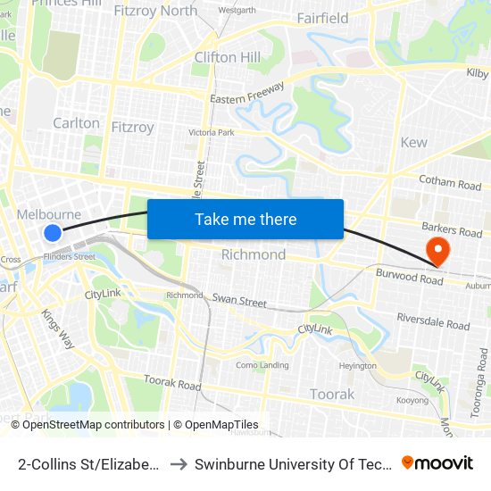 2-Collins St/Elizabeth St (Melbourne City) to Swinburne University Of Technology (Hawthorn Campus) map