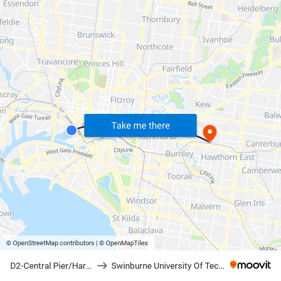 D2-Central Pier/Harbour Esp (Docklands) to Swinburne University Of Technology (Hawthorn Campus) map