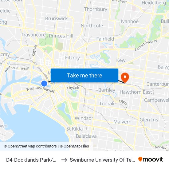 D4-Docklands Park/Harbour Esp (Docklands) to Swinburne University Of Technology (Hawthorn Campus) map