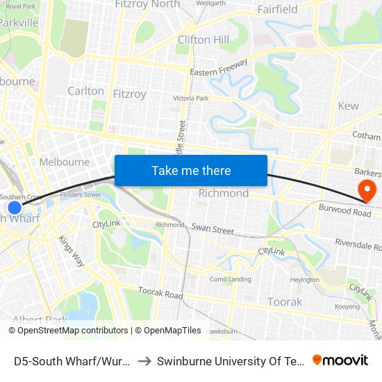 D5-South Wharf/Wurundjeri Way (Docklands) to Swinburne University Of Technology (Hawthorn Campus) map