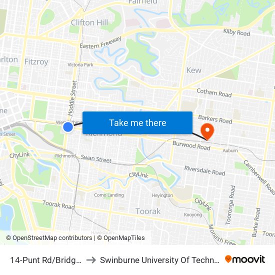 14-Punt Rd/Bridge Rd (Richmond) to Swinburne University Of Technology (Hawthorn Campus) map