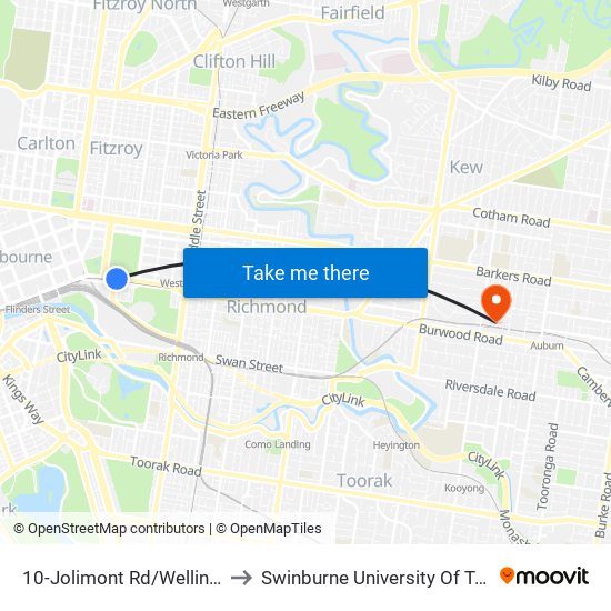 10-Jolimont Rd/Wellington Pde (East Melbourne) to Swinburne University Of Technology (Hawthorn Campus) map