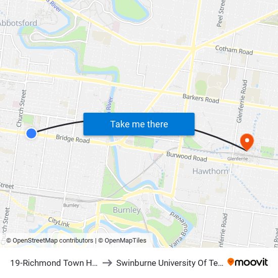 19-Richmond Town Hall/Bridge Rd (Richmond) to Swinburne University Of Technology (Hawthorn Campus) map