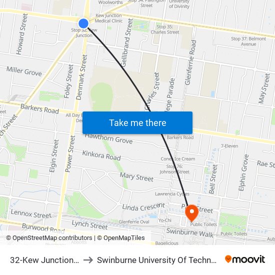 32-Kew Junction/High St (Kew) to Swinburne University Of Technology (Hawthorn Campus) map