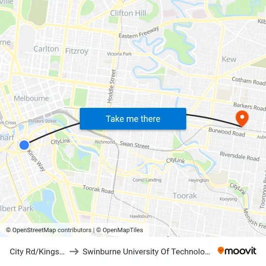 City Rd/Kings Way #116 to Swinburne University Of Technology (Hawthorn Campus) map