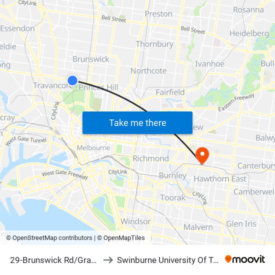 29-Brunswick Rd/Grantham St (Brunswick West) to Swinburne University Of Technology (Hawthorn Campus) map