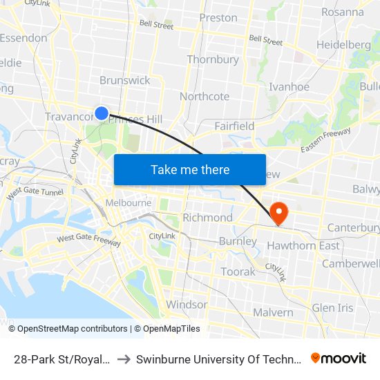 28-Park St/Royal Park (Parkville) to Swinburne University Of Technology (Hawthorn Campus) map