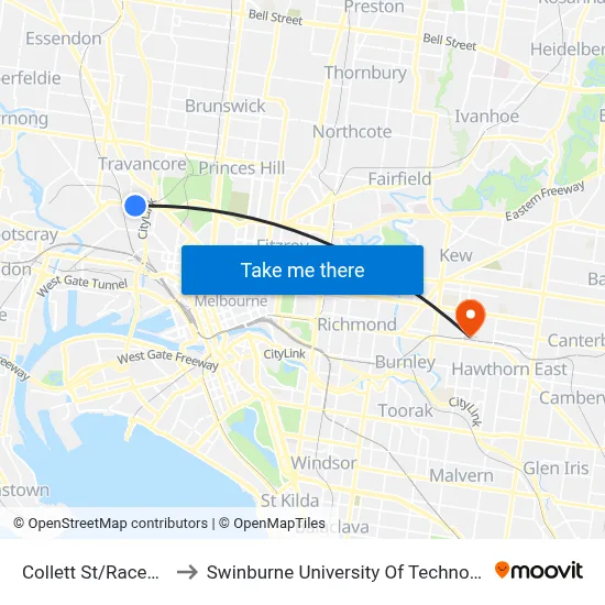 Collett St/Racecourse Rd #24 to Swinburne University Of Technology (Hawthorn Campus) map