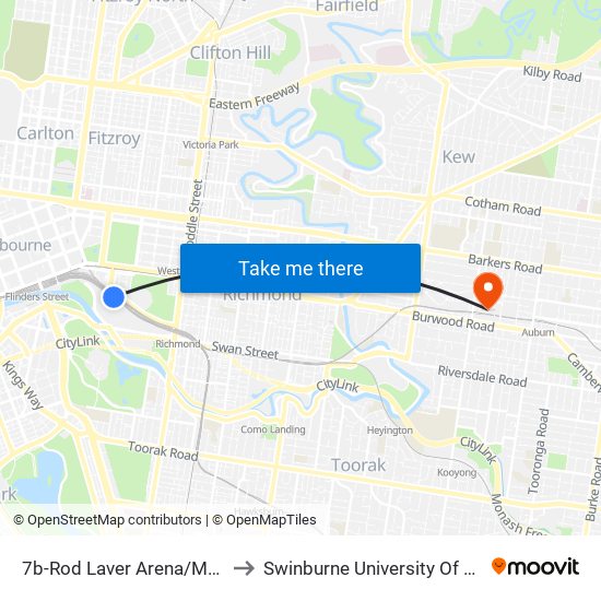 7b-Rod Laver Arena/Mcg Gates 1-3 (Melbourne City) to Swinburne University Of Technology (Hawthorn Campus) map