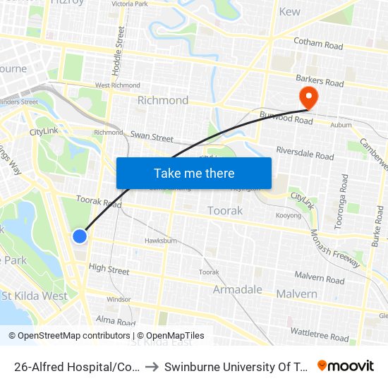 26-Alfred Hospital/Commercial Rd (South Yarra) to Swinburne University Of Technology (Hawthorn Campus) map