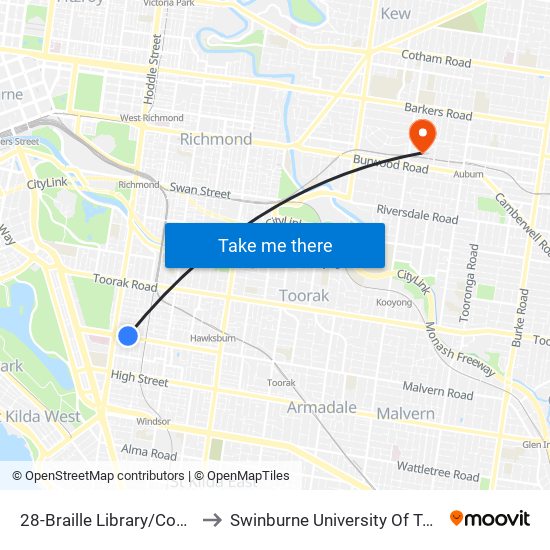 28-Braille Library/Commercial Rd (South Yarra) to Swinburne University Of Technology (Hawthorn Campus) map