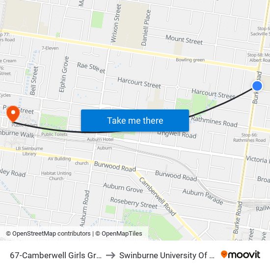 67-Camberwell Girls Grammar/Burke Rd (Canterbury) to Swinburne University Of Technology (Hawthorn Campus) map