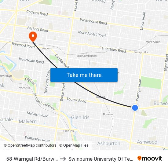 58-Warrigal Rd/Burwood Hwy (Camberwell) to Swinburne University Of Technology (Hawthorn Campus) map