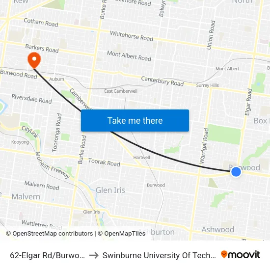 Elgar Rd/Burwood Hwy #62 to Swinburne University Of Technology (Hawthorn Campus) map