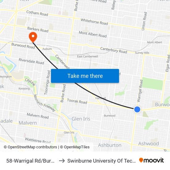 58-Warrigal Rd/Burwood Hwy (Burwood) to Swinburne University Of Technology (Hawthorn Campus) map