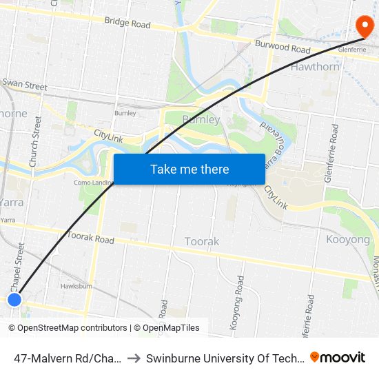 47-Malvern Rd/Chapel St (South Yarra) to Swinburne University Of Technology (Hawthorn Campus) map