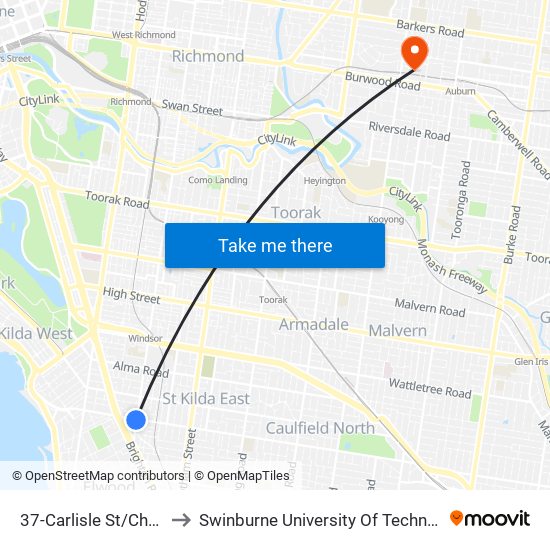 37-Carlisle St/Chapel St (St Kilda) to Swinburne University Of Technology (Hawthorn Campus) map