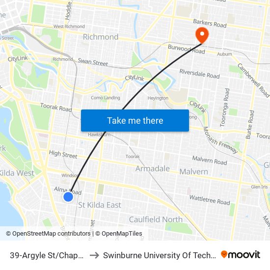 39-Argyle St/Chapel St (St Kilda East) to Swinburne University Of Technology (Hawthorn Campus) map