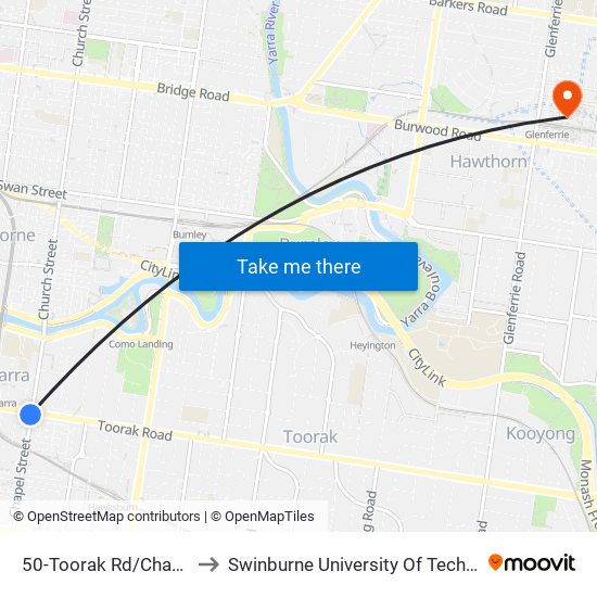 50-Toorak Rd/Chapel St (South Yarra) to Swinburne University Of Technology (Hawthorn Campus) map