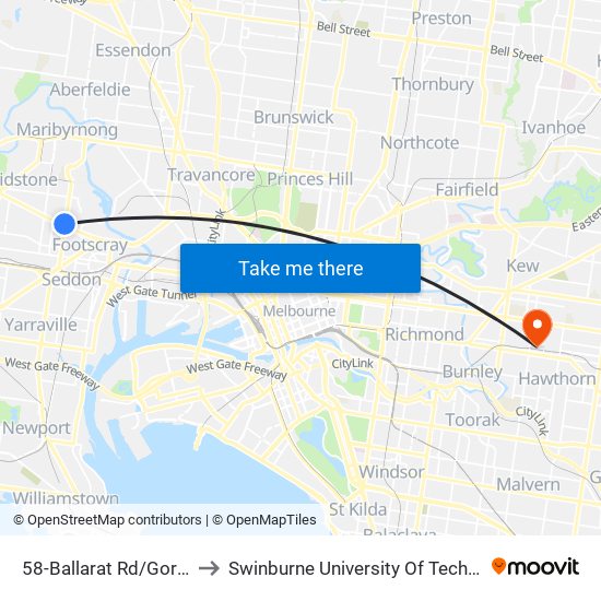 58-Ballarat Rd/Gordon St (Footscray) to Swinburne University Of Technology (Hawthorn Campus) map