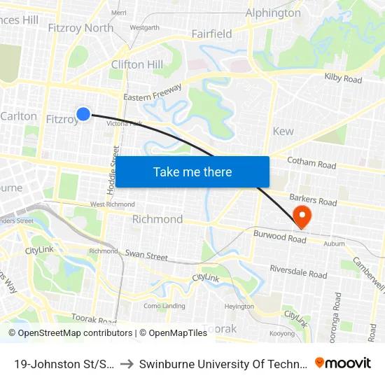 Johnston St/Smith St #19 to Swinburne University Of Technology (Hawthorn Campus) map