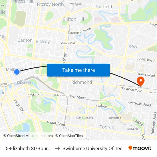 5-Elizabeth St/Bourke St (Melbourne City) to Swinburne University Of Technology (Hawthorn Campus) map