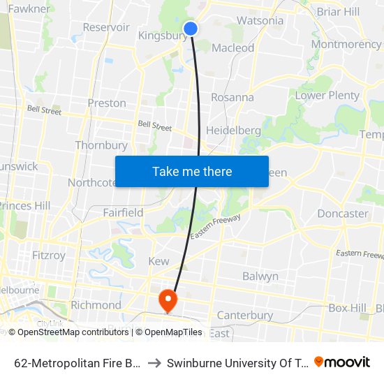 62-Metropolitan Fire Brigade/Plenty Rd (Bundoora) to Swinburne University Of Technology (Hawthorn Campus) map