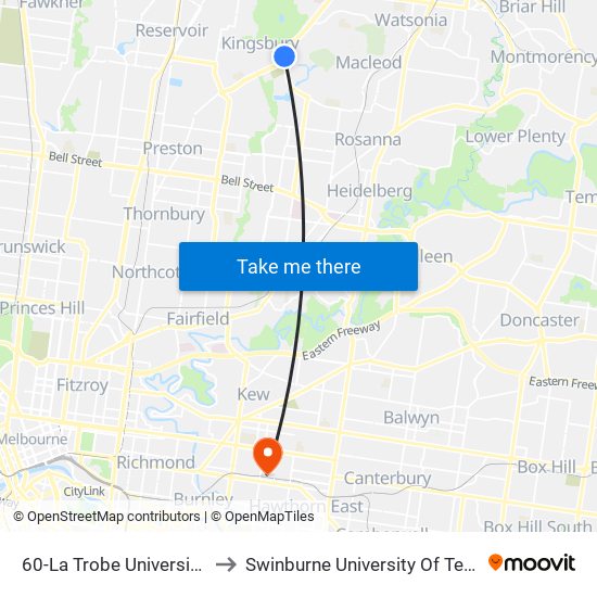 60-La Trobe University/Plenty Rd (Bundoora) to Swinburne University Of Technology (Hawthorn Campus) map