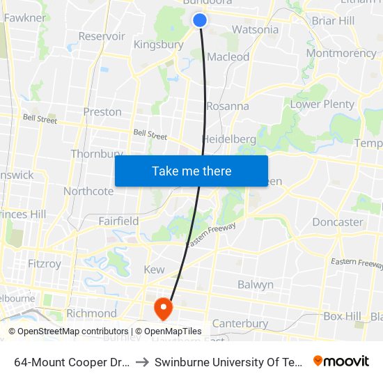 64-Mount Cooper Dr/Plenty Rd (Bundoora) to Swinburne University Of Technology (Hawthorn Campus) map