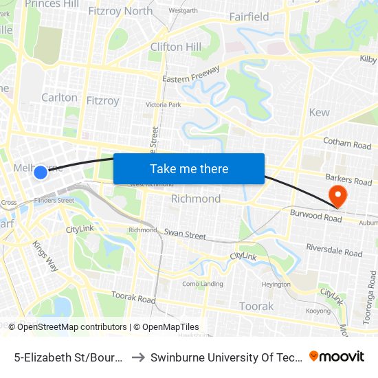 5-Elizabeth St/Bourke St (Melbourne City) to Swinburne University Of Technology (Hawthorn Campus) map