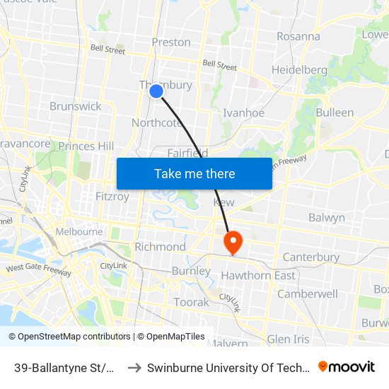 39-Ballantyne St/High St (Thornbury) to Swinburne University Of Technology (Hawthorn Campus) map